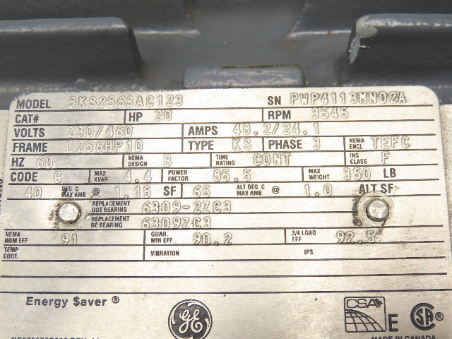 General Electric 5KS256SAC123 AC Motor 3PH 3545 RPM Frame L256HP10 20HP 230/460V