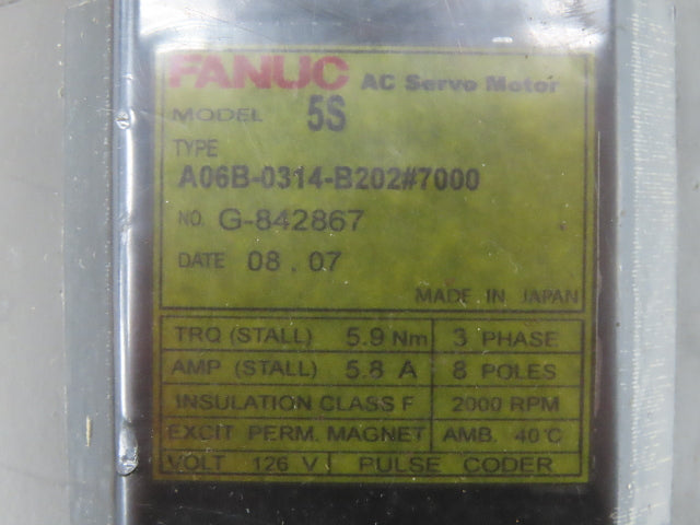 Fanuc A06B-0314-B202 #7000 5S AC Servo Motor w/Encoder A860-0304-T112
