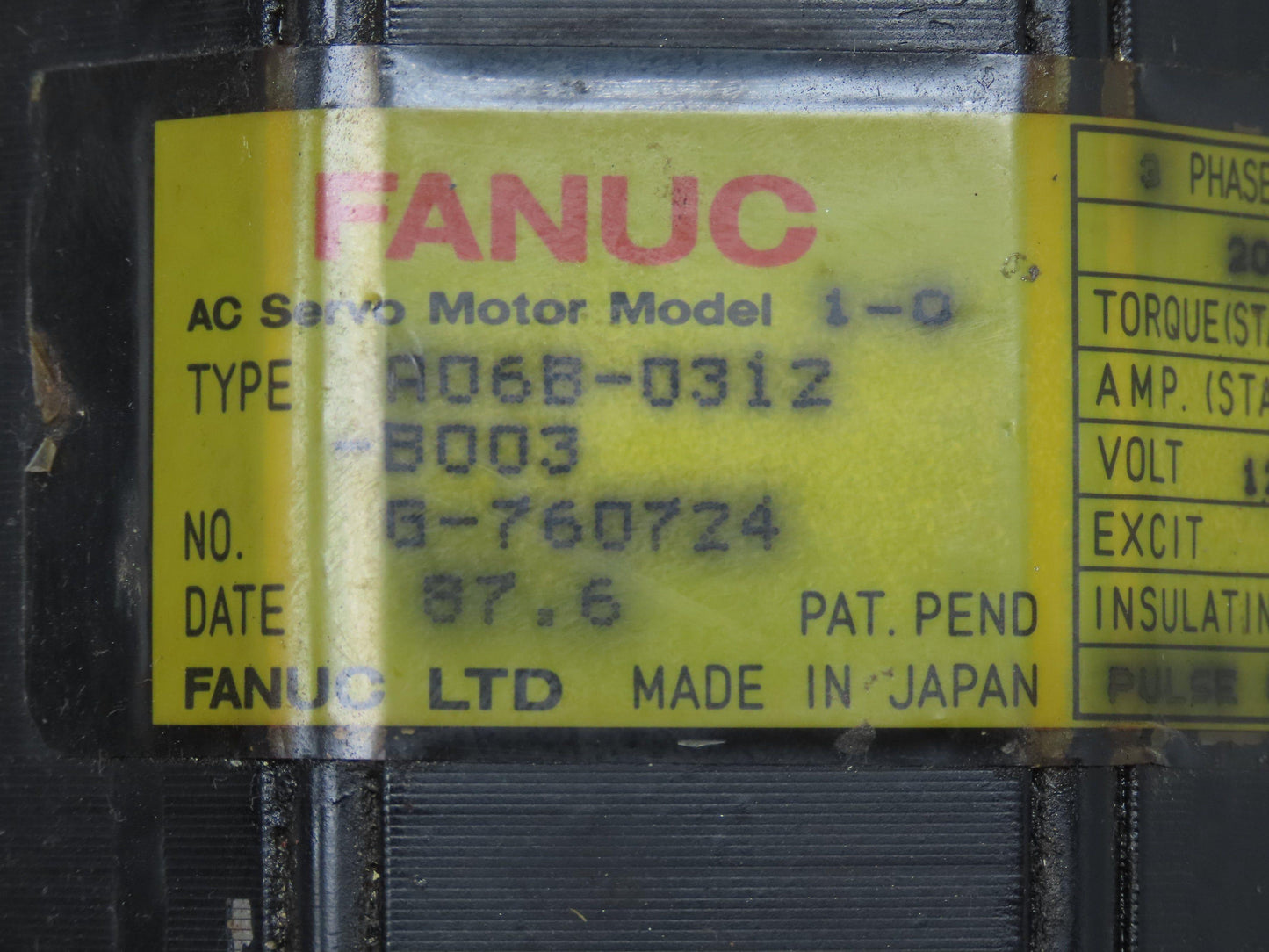 Fanuc A06B-0312-B003 Model 1-0S AC Servo Motor 120V 3PH 2000 RPM