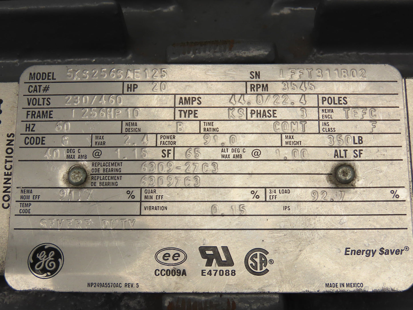General Electric 5KS256SAE125 AC Motor 20HP 230/460V 3PH 3545 RPM Frame 1256HP10