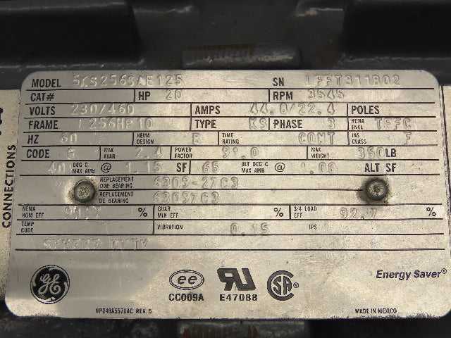 General Electric 5KS256SAE125 AC Motor 20HP 230/460V 3PH 3545 RPM Frame 1256HP10