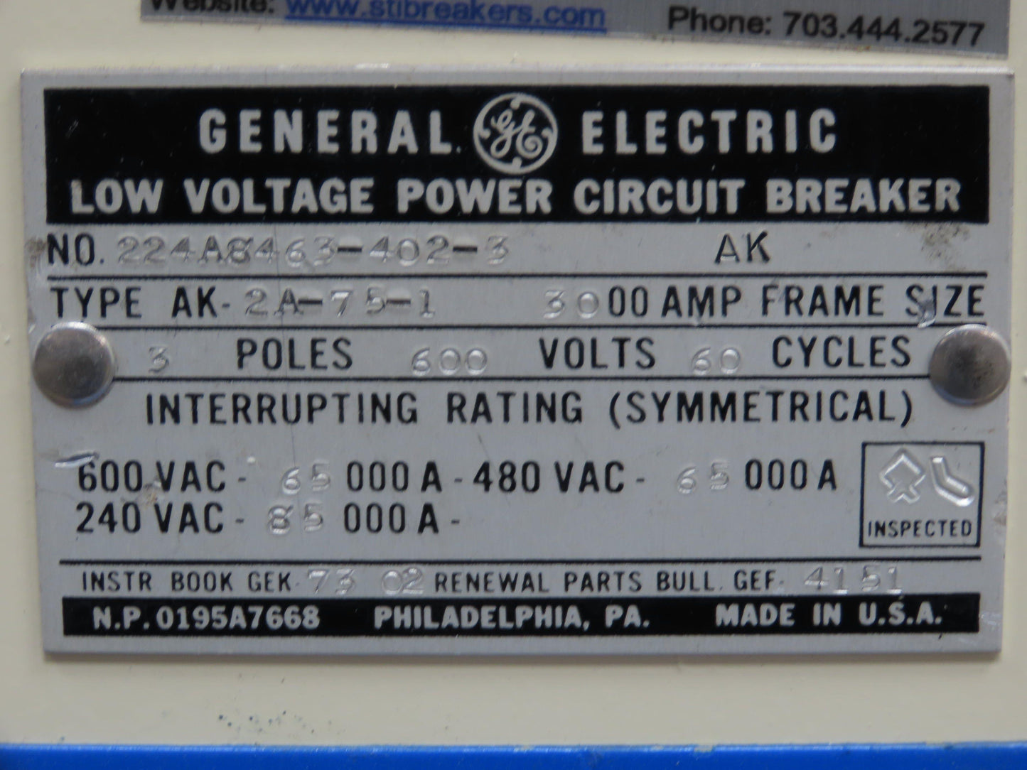 General Electric AK-2A-75-1 GE Air Breaker 3000A 600V Micro Versa Trip Plus