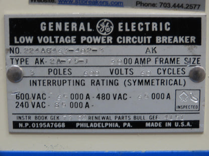 General Electric AK-2A-75-1 GE Air Breaker 3000A 600V Micro Versa Trip Plus