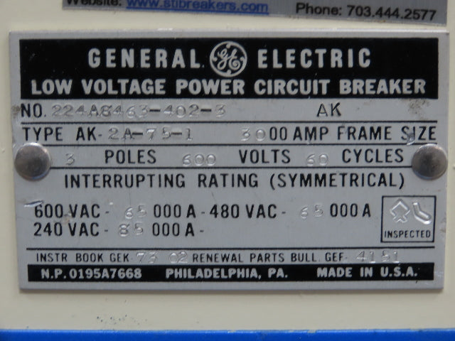 General Electric AK-2A-75-1 GE Air Breaker 3000A 600V Micro Versa Trip Plus
