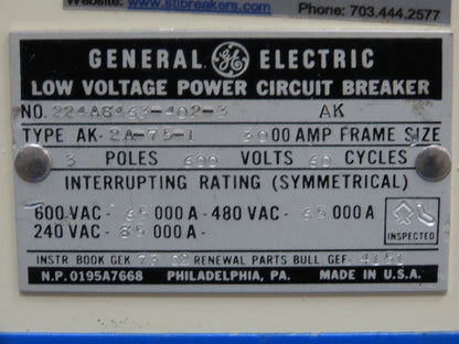 General Electric AK-2A-75-1 GE Air Breaker 3000A 600V Micro Versa Trip Plus