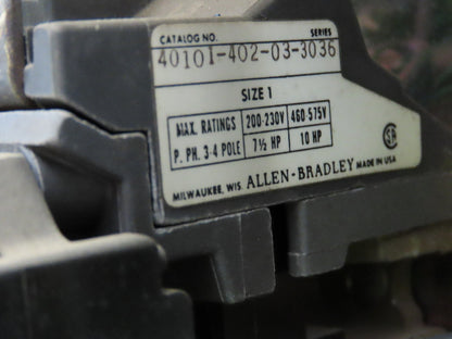 Allen Bradley MCC Bucket Motor Starter Contactor 10HP 480V 110V Coil Size 1