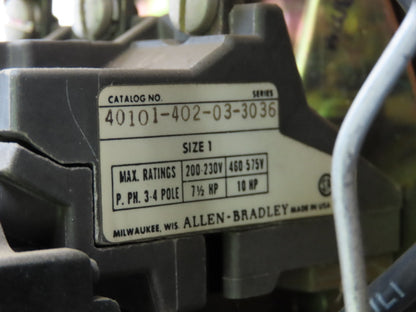Allen Bradley MCC Bucket Motor Starter Contactor 10HP 480V 110V Coil Size 1