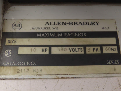 Allen Bradley MCC Bucket Motor Starter Contactor 10HP 480V 110V Coil Size 1