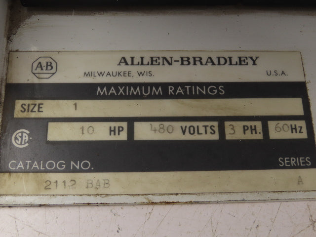 Allen Bradley MCC Bucket Motor Starter Contactor 10HP 480V 110V Coil Size 1