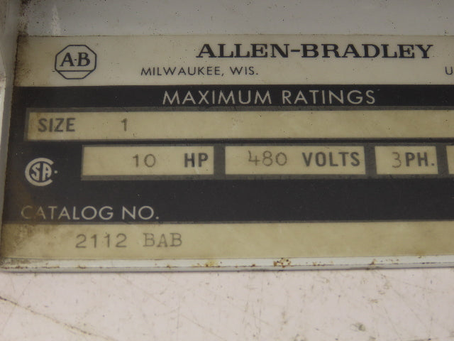 Allen Bradley MCC Bucket Motor Starter Contactor 10HP 600V 110V Coil Size 1