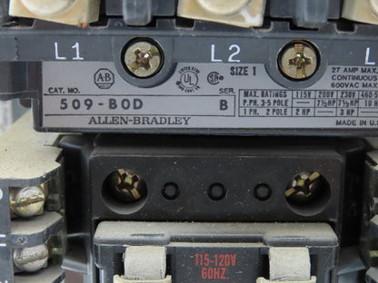 Allen Bradley MCC Bucket Motor Starter Contactor 10HP 600V 110V Coil Size 1