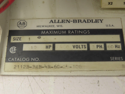 Allen Bradley MCC Bucket Motor Starter Contactor 10HP 480V 110V Coil Size 1