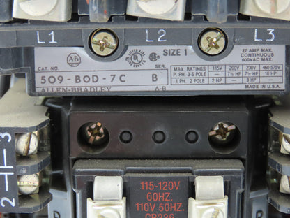 Allen Bradley MCC Bucket Motor Starter Contactor 10HP 600V 110V Coil Size 1