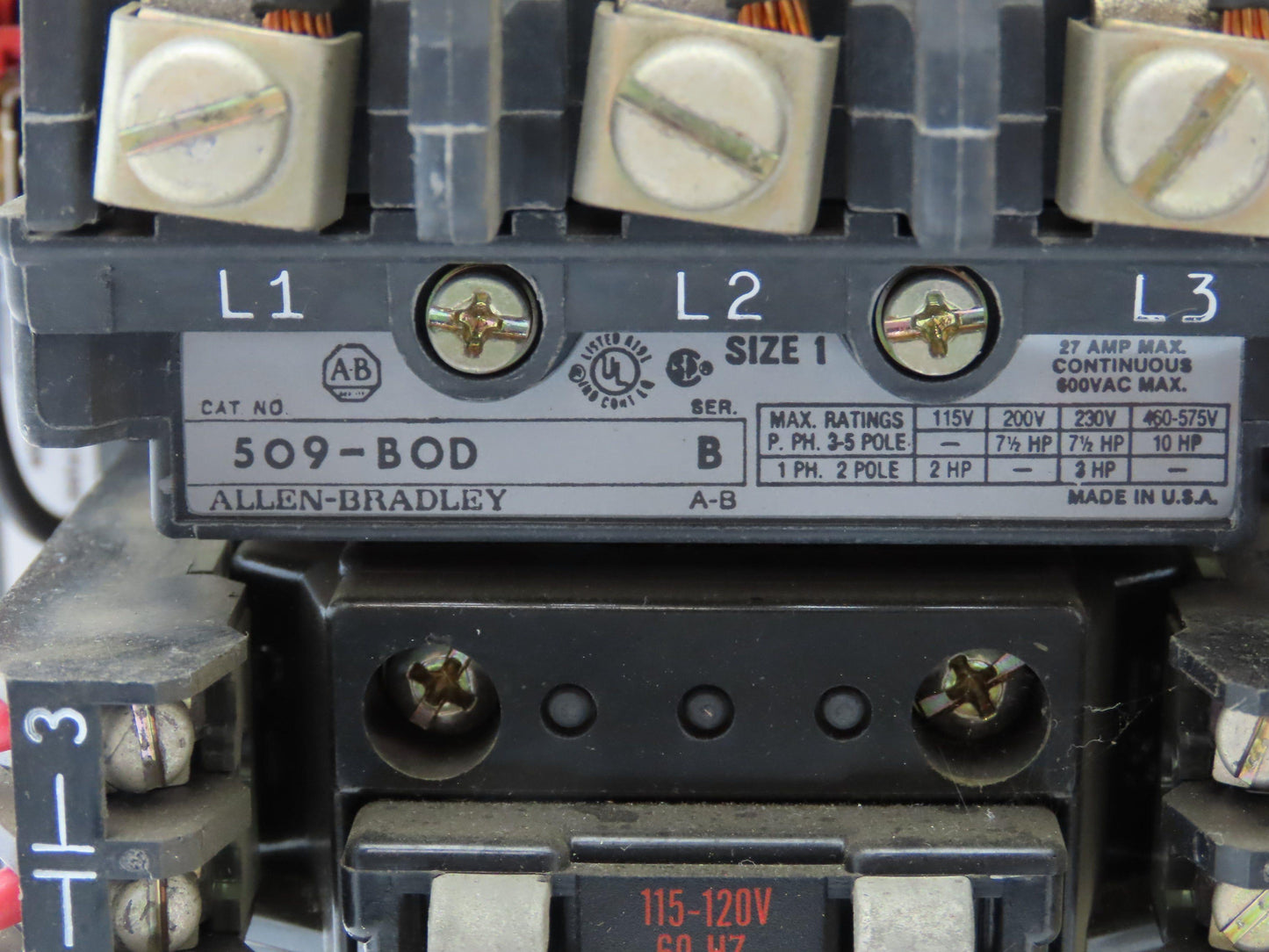 Allen Bradley MCC Bucket Motor Starter Contactor 10HP 600V 110V Coil Size 1