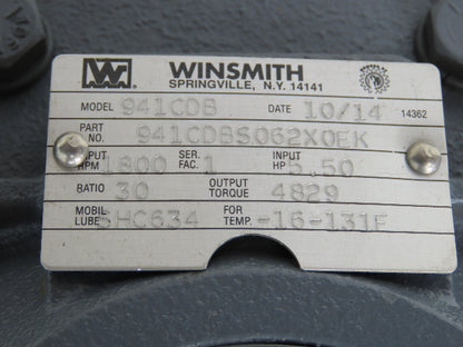 Winsmith 941CDB Speed Reducer 30:1 Gearbox 5.5Hp 60 RPM RH 4829 Torq 182/184T