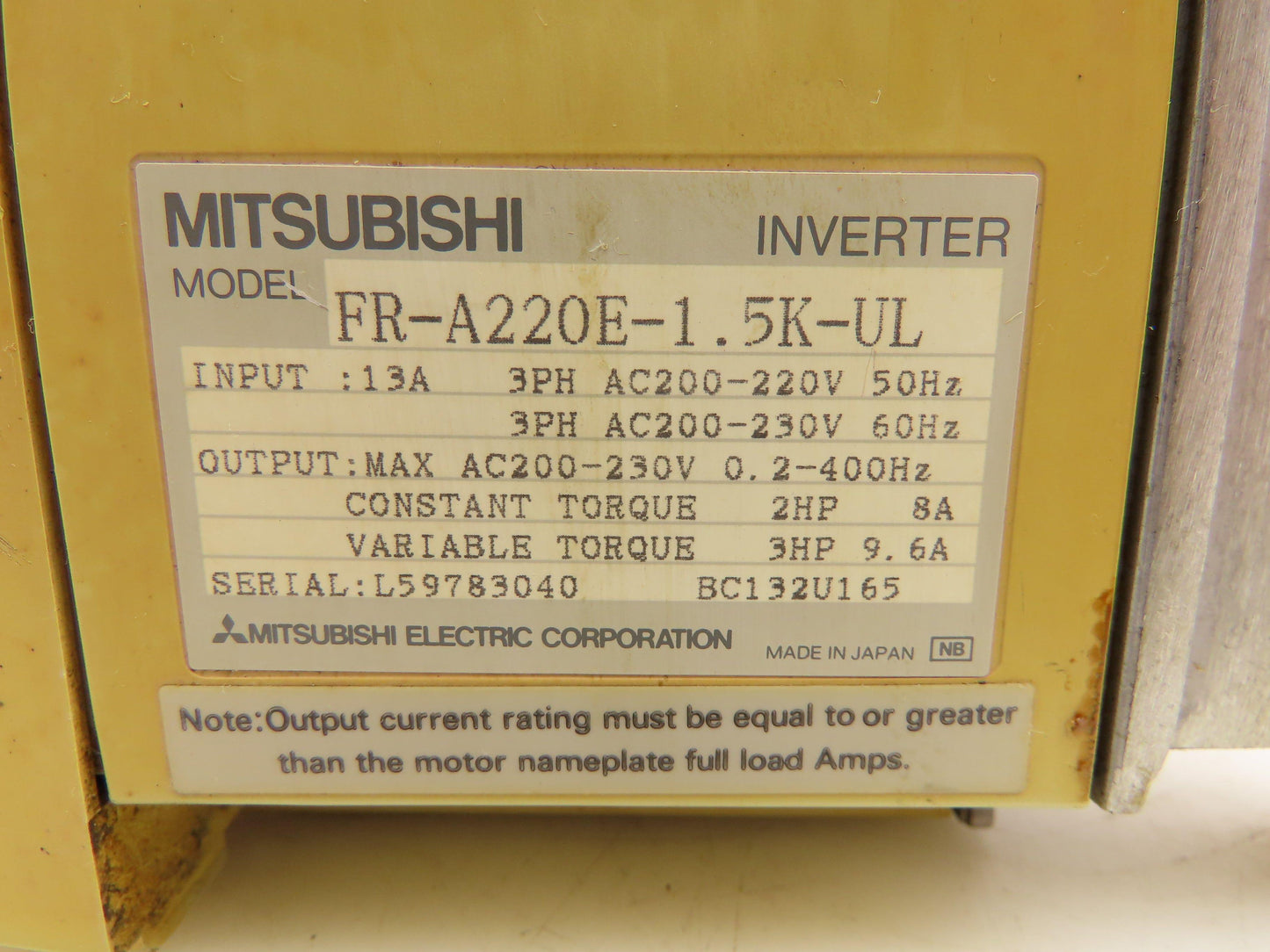 Mitsubishi Electric FR-A220E-1.5K-UL VFD AC Inverter Drive 3HP 13A 3PH