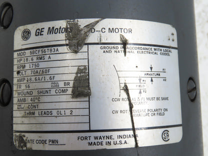 GE Motors 5BCF56TB3A DC Motor 70A/60F VDC 18.6A 1750 RPM 56 Frame