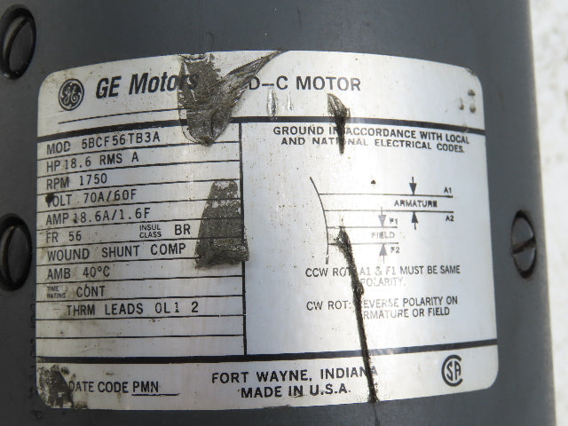 GE Motors 5BCF56TB3A DC Motor 70A/60F VDC 18.6A 1750 RPM 56 Frame