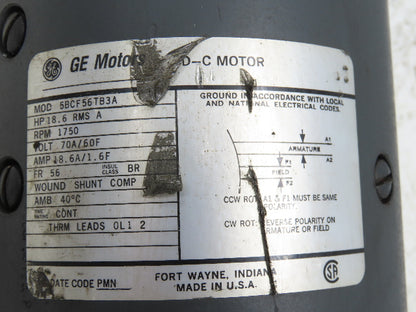 GE Motors 5BCF56TB3A DC Motor 70A/60F VDC 18.6A 1750 RPM 56 Frame