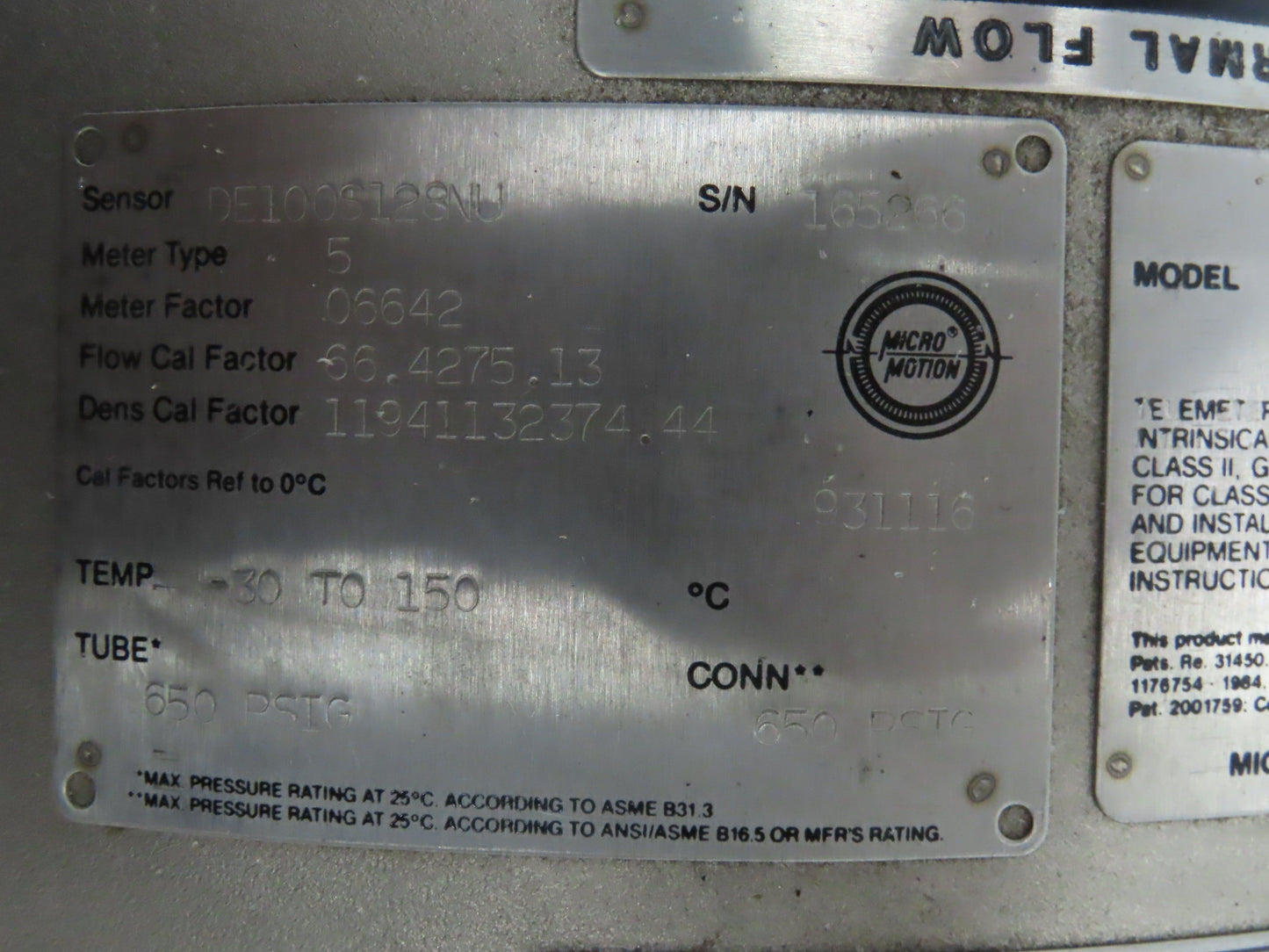 Micro Motion DE100S128NU Mass Flow Sensor Meter Type 5 650PSIG 1" ANSI Stainless