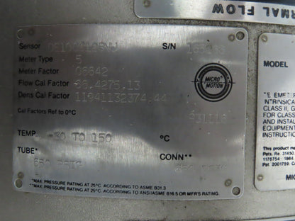 Micro Motion DE100S128NU Mass Flow Sensor Meter Type 5 650PSIG 1" ANSI Stainless