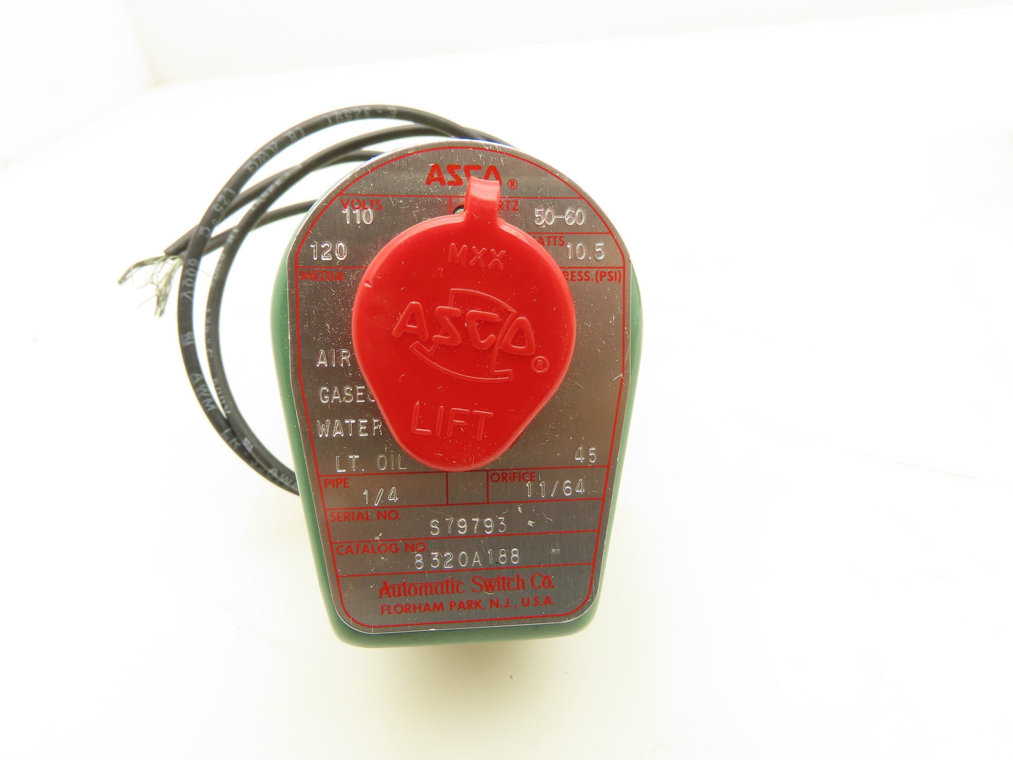 Asco 8320A188 Red Hat Solenoid Valve 120V 10.5W 3NC 45PSI 1/4"NPT 11/64"Orifice