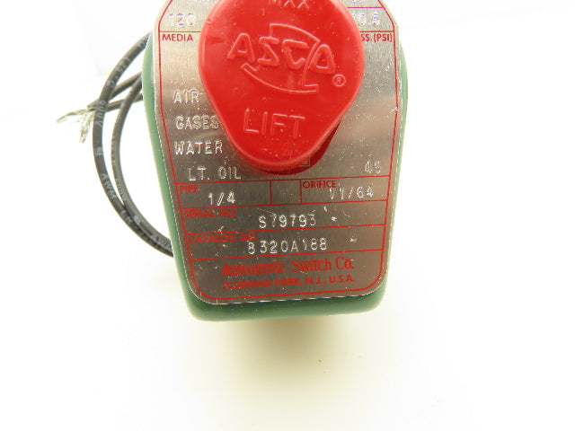 Asco 8320A188 Red Hat Solenoid Valve 120V 10.5W 3NC 45PSI 1/4"NPT 11/64"Orifice