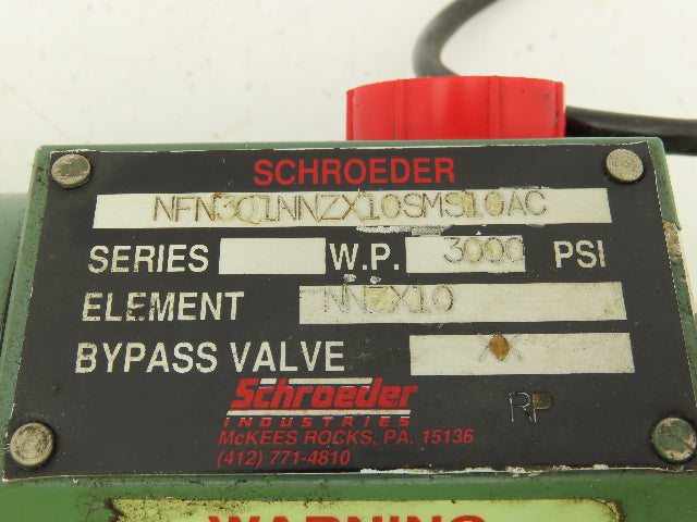 Schroeder NFN301NNZX10SMS10AC Hydraulic Pressure Filter w/Sensor Switch