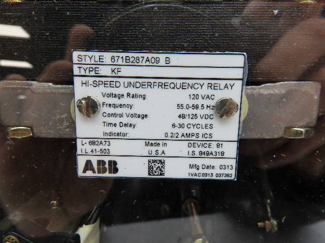 ABB 671B287A09 B High-Speed Under Frequency Relay Type KF 120V