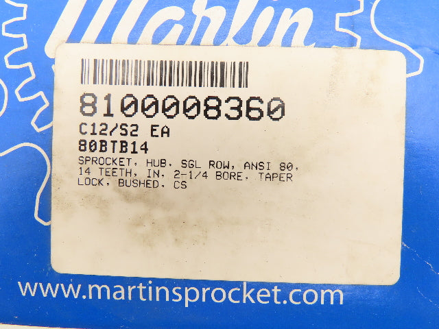 Martin 80BTB14 Taper Bushed Sprocket # 80 Single Row 14T 2-1/4" Bore 1" Pitch