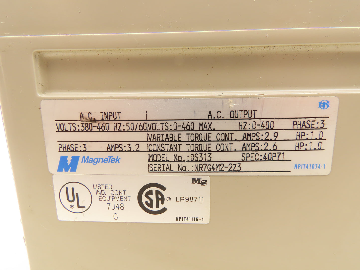 Magnetek DS313 AC Drive 460VAC 2.9A 3 Phase 1HP 1.30 Torque