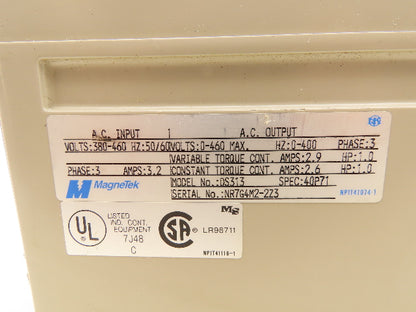 Magnetek DS313 AC Drive 460VAC 2.9A 3 Phase 1HP 1.30 Torque