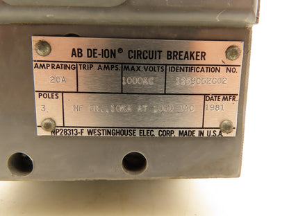 Westinghouse 229P123H01 Mining Circuit Breaker 1000VAC 20A 3 Pole