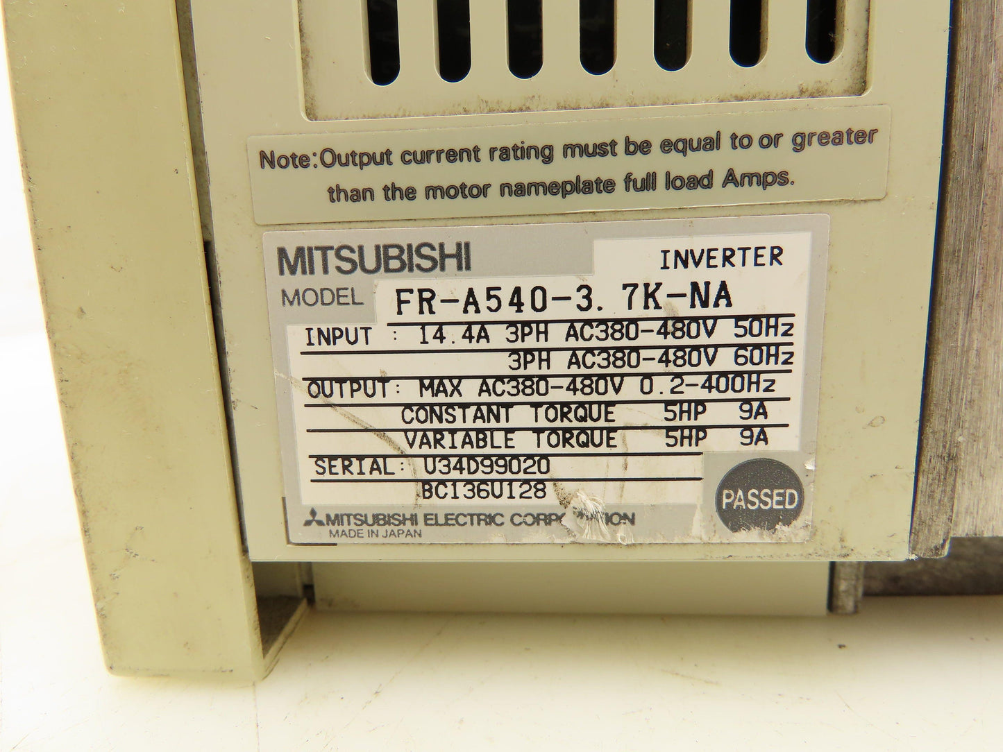 Mitsubishi FR-A540-3.7K-NA A500 Inverter Drive 380/480VAC 14.4A 3PH 5HP
