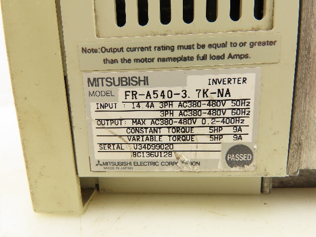 Mitsubishi FR-A540-3.7K-NA A500 Inverter Drive 380/480VAC 14.4A 3PH 5HP