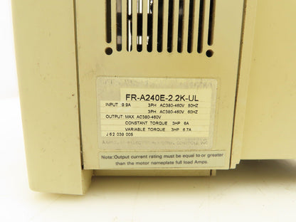 Mitsubishi FR-A240E-2.2K-UL Freqrol-A200 AC Drive 460VAC 6A 3PH 3HP