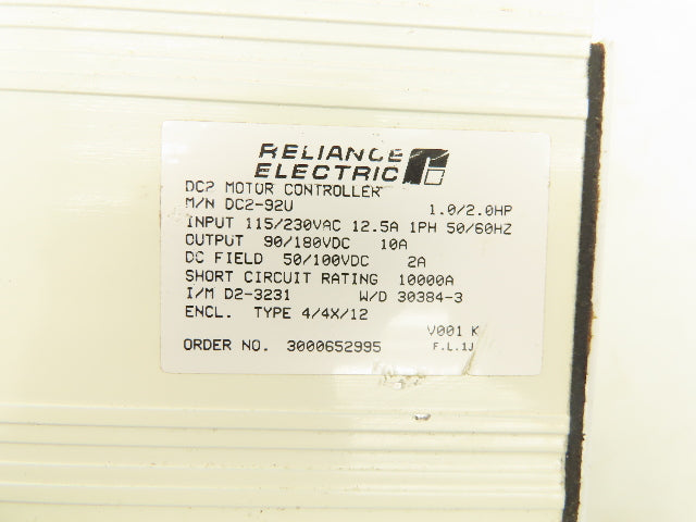 Reliance Electric DC292U DC Motor Easy Clean Plus Motor Control 230VAC 12.5A 1PH