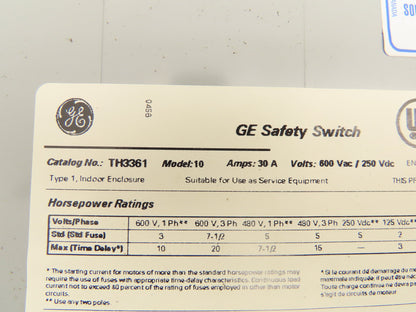 General Electric TH3361 Fusible Safety Switch Electrical Box 600V 30A 3 Pole