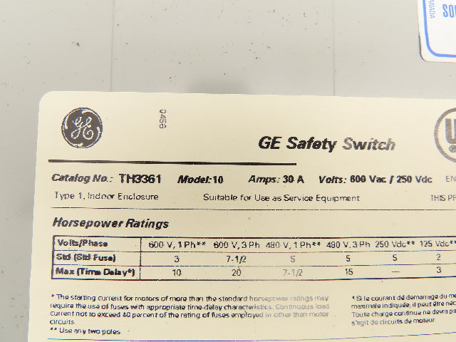 General Electric TH3361 Fusible Safety Switch Electrical Box 600V 30A 3 Pole
