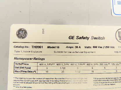 General Electric TH3361 Fusible Safety Switch Electrical Box 600V 30A 3 Pole