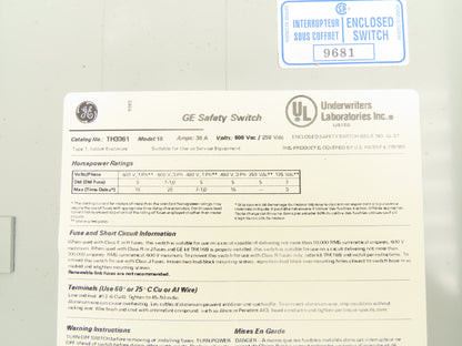 General Electric TH3361 Fusible Safety Switch Electrical Box 600V 30A 3 Pole