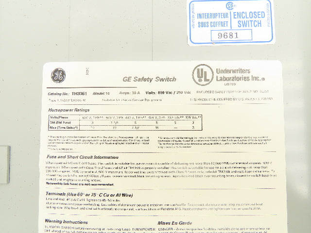 General Electric TH3361 Fusible Safety Switch Electrical Box 600V 30A 3 Pole