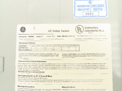 General Electric TH3361 Fusible Safety Switch Electrical Box 600V 30A 3 Pole