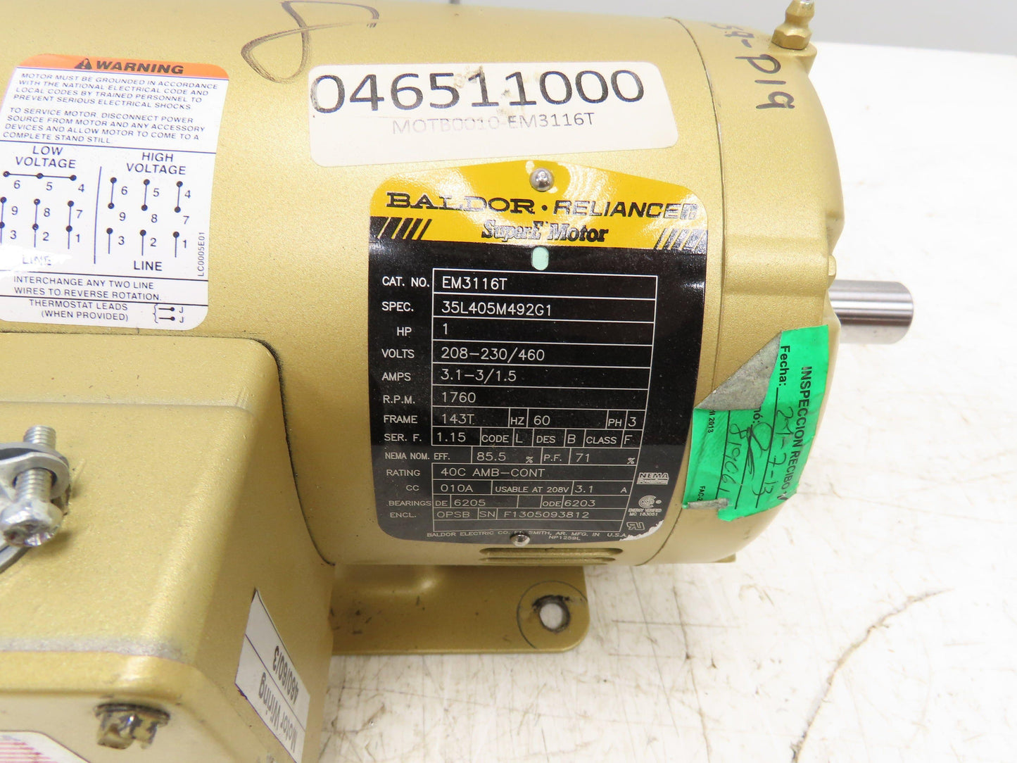 Baldor Reliance EM3116T Electric Super E Motor 1HP 230/460V 3Ph 1760 RPM 143T