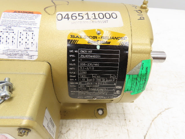 Baldor Reliance EM3116T Electric Super E Motor 1HP 230/460V 3Ph 1760 RPM 143T