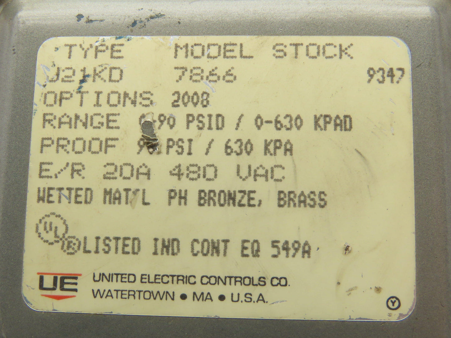United Electric Controls J21KD7866 Differential Pressure Switch 480VAC 20A