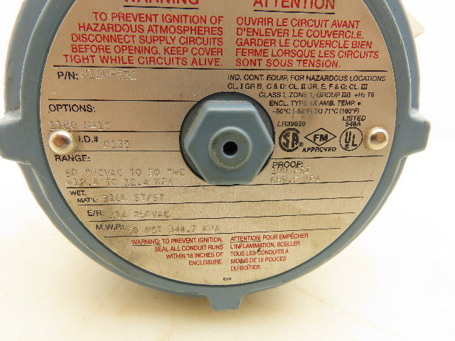 United Electric J120-532 Pressure Switch 50 To 50" WC VAC Explosion Proof 50 PSI