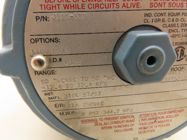 United Electric J120-532 Pressure Switch 50 To 50" WC VAC Explosion Proof 50 PSI
