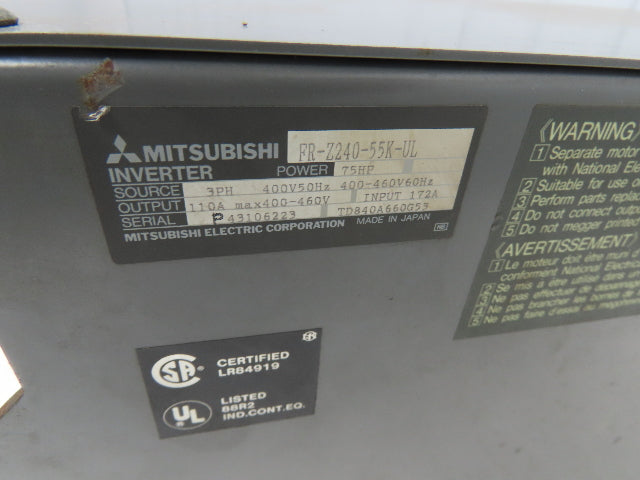 Mitsubishi FR-Z240-55K-UL Freqrol Z200 AC Drive VFD Inverter 75Hp 55kw 460V 3Ph