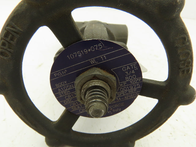 Bonney Forge WL 11 Steel Gate Valve 3/4" Threaded Class 800 1975 PSI